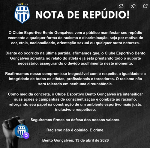 Clube Esportivo lança nota de repudio contra o racismo em defesa de seu atleta no sub 20